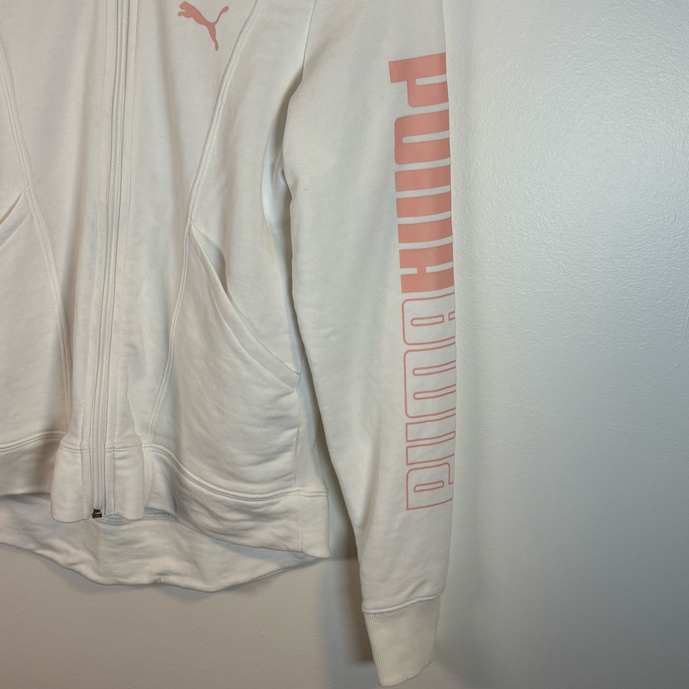 Puma Women’s White Zip-Up Sweatshirt Pink Logo Athletic Jacket, Size Small - Picture 4 of 6